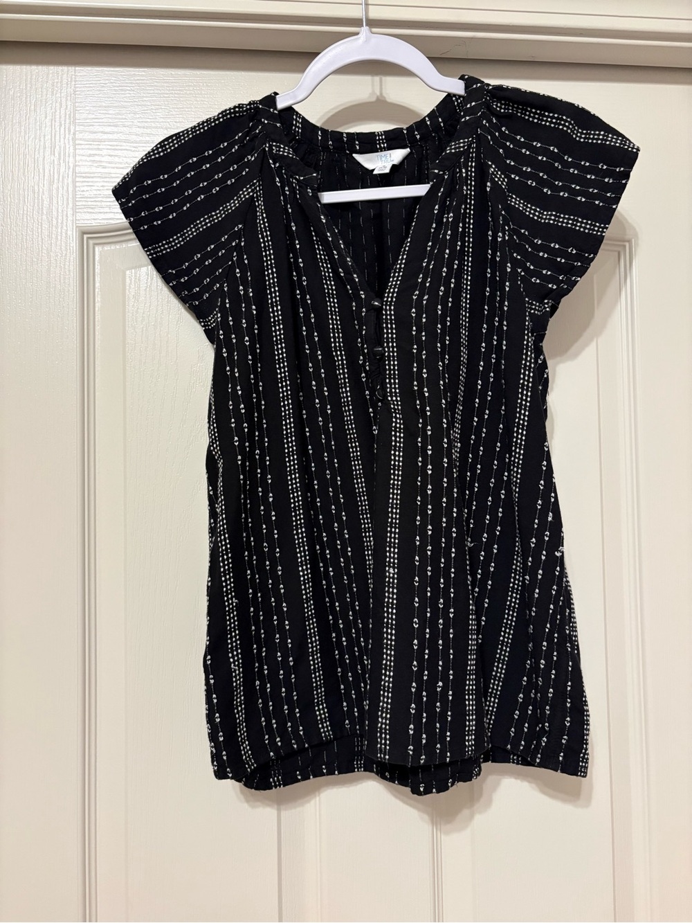 Time and Tru Black Short-Sleeve V-Neck Blouse with White Stripe Detail